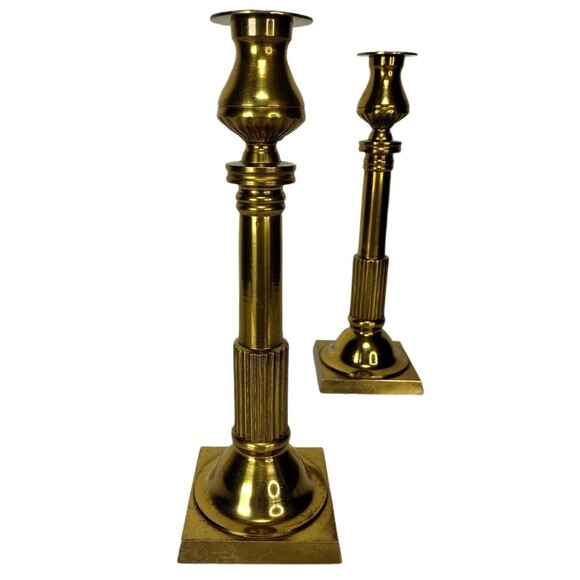 Vintage 60s 70s MCM Heavy Solid Brass Gold Tapered Candle Holders Made In Japan - Picture 8 of 12